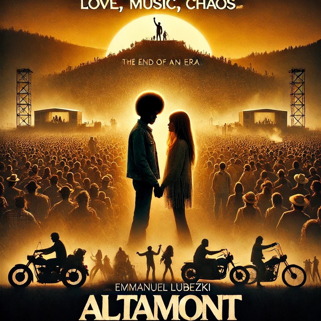 ALTAMONT Key Art — Two silhouetted figures holding hands before a massive concert crowd, golden light behind them